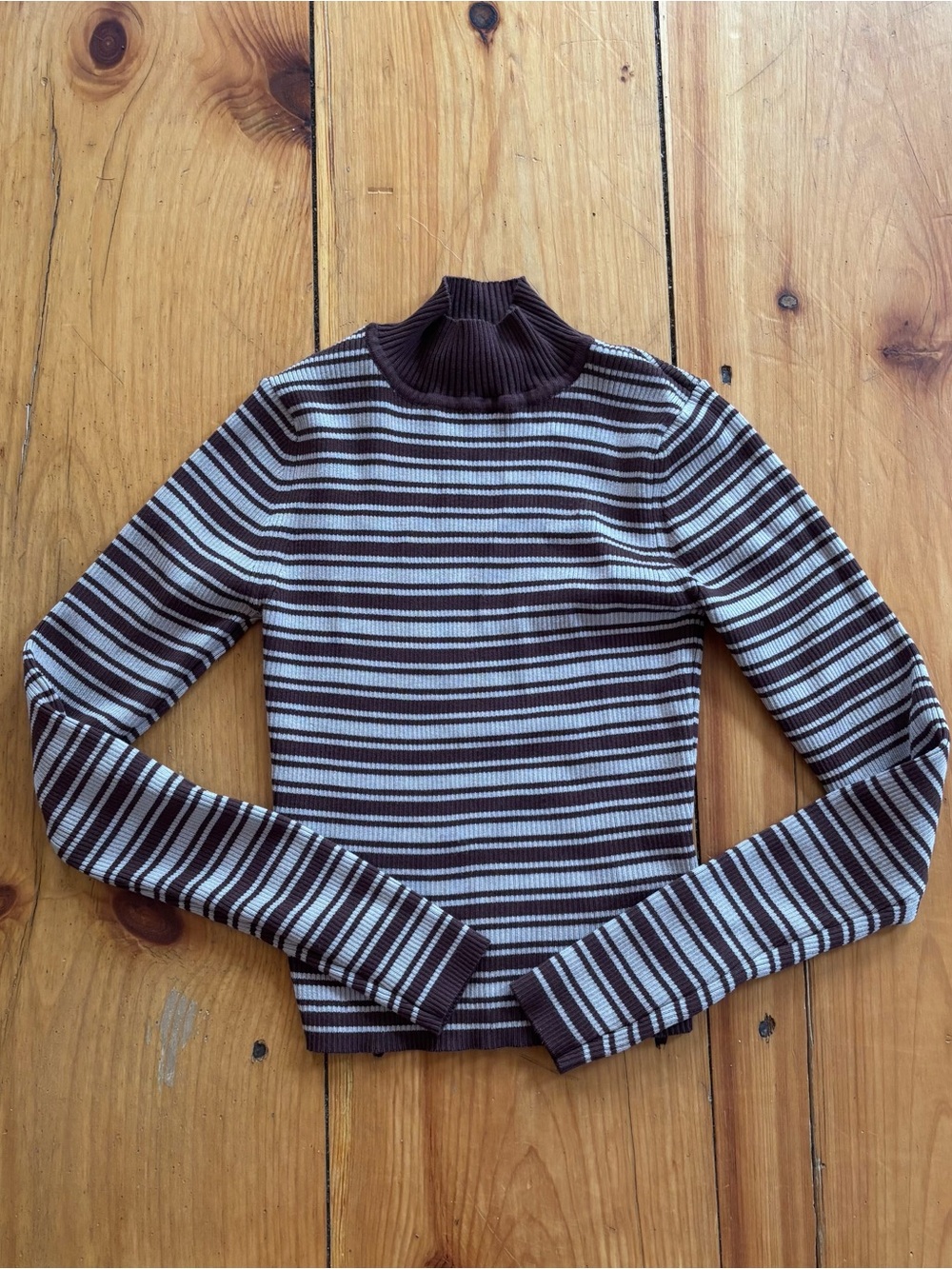 Brown & Cream Striped Ribbed Mock Neck Crop Top S
